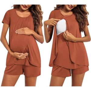 imageEkouaer Womens Maternity Nursing Pajamas Set Breastfeeding Sleepwear Double Layer Short Sleeve Top ampamp Shorts Nursing PjsCaramel