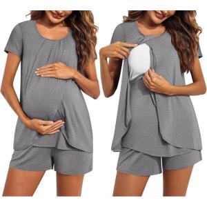 imageEkouaer Womens Maternity Nursing Pajamas Set Breastfeeding Sleepwear Double Layer Short Sleeve Top ampamp Shorts Nursing PjsGrey