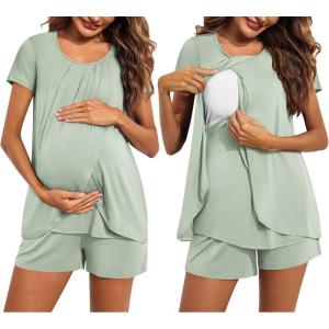 imageEkouaer Womens Maternity Nursing Pajamas Set Breastfeeding Sleepwear Double Layer Short Sleeve Top ampamp Shorts Nursing PjsLight Green