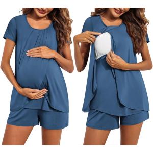 imageEkouaer Womens Maternity Nursing Pajamas Set Breastfeeding Sleepwear Double Layer Short Sleeve Top ampamp Shorts Nursing PjsNavy