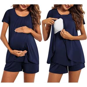 imageEkouaer Womens Maternity Nursing Pajamas Set Breastfeeding Sleepwear Double Layer Short Sleeve Top ampamp Shorts Nursing PjsNavy Blue