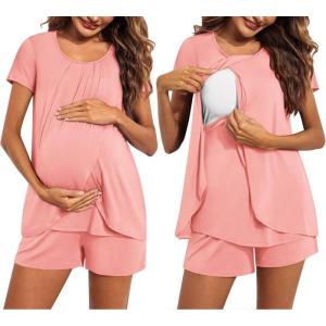 imageEkouaer Womens Maternity Nursing Pajamas Set Breastfeeding Sleepwear Double Layer Short Sleeve Top ampamp Shorts Nursing PjsOrange Pink