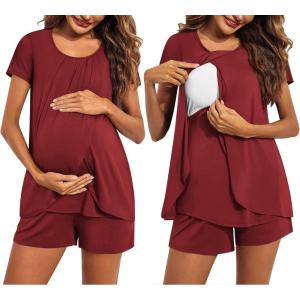 imageEkouaer Womens Maternity Nursing Pajamas Set Breastfeeding Sleepwear Double Layer Short Sleeve Top ampamp Shorts Nursing PjsWine Red