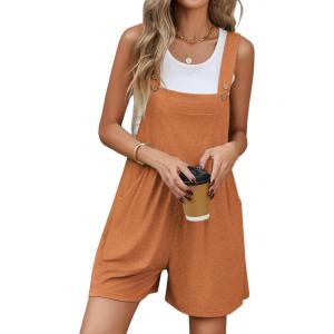 imageEkouaer Womens Rompers Summer Casual Short Overalls Sleeveless Adjustable Strap Jumpsuits with Pockets Beach Vacation ClothesCaramel