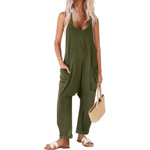 imageEkouaer Womens Sleeveless Jumpsuit Loose Spaghetti Strap Baggy Overalls Jumpers Casual Long Pants Rompers with Pockets 2025Armygreen