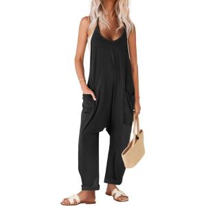 imageEkouaer Womens Sleeveless Jumpsuit Loose Spaghetti Strap Baggy Overalls Jumpers Casual Long Pants Rompers with Pockets 2025Black