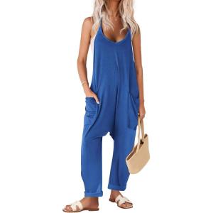 imageEkouaer Womens Sleeveless Jumpsuit Loose Spaghetti Strap Baggy Overalls Jumpers Casual Long Pants Rompers with Pockets 2025Blue