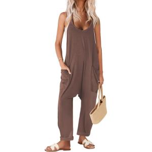 imageEkouaer Womens Sleeveless Jumpsuit Loose Spaghetti Strap Baggy Overalls Jumpers Casual Long Pants Rompers with Pockets 2025Coffeebrown
