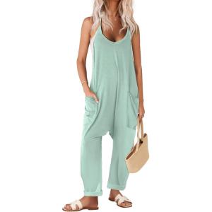 imageEkouaer Womens Sleeveless Jumpsuit Loose Spaghetti Strap Baggy Overalls Jumpers Casual Long Pants Rompers with Pockets 2025Sage