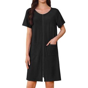 imageEkouaer Womens Zipper Robe Short Sleeves Swiss Dots Housecoat Zip Up Bathrobe Soft Nightgown with Pockets S3XLBlack