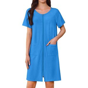 imageEkouaer Womens Zipper Robe Short Sleeves Swiss Dots Housecoat Zip Up Bathrobe Soft Nightgown with Pockets S3XLBlue