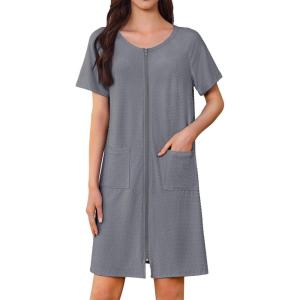 imageEkouaer Womens Zipper Robe Short Sleeves Swiss Dots Housecoat Zip Up Bathrobe Soft Nightgown with Pockets S3XLGray