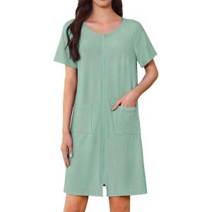 imageEkouaer Womens Zipper Robe Short Sleeves Swiss Dots Housecoat Zip Up Bathrobe Soft Nightgown with Pockets S3XLGray Green