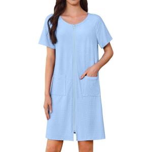 imageEkouaer Womens Zipper Robe Short Sleeves Swiss Dots Housecoat Zip Up Bathrobe Soft Nightgown with Pockets S3XLLight Blue
