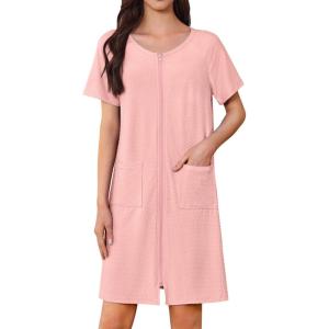 imageEkouaer Womens Zipper Robe Short Sleeves Swiss Dots Housecoat Zip Up Bathrobe Soft Nightgown with Pockets S3XLLight Pink