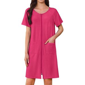 imageEkouaer Womens Zipper Robe Short Sleeves Swiss Dots Housecoat Zip Up Bathrobe Soft Nightgown with Pockets S3XLRose