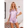 imageEkouaer Womens Satin Pajamas Set Button Down 2 Piece Silk Pjs Shorts Set Ruffle Lingerie Notch Collar SleepwearStriped Purple