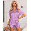 imageEkouaer Womens Satin Pajamas Set Button Down 2 Piece Silk Pjs Shorts Set Ruffle Lingerie Notch Collar SleepwearThick Striped Purple
