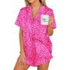 imageEkouaer Womens Satin Pajamas Set Button Down 2 Piece Silk Pjs Shorts Set Ruffle Lingerie Notch Collar SleepwearHot Pink Leopard