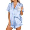 imageEkouaer Womens Satin Pajamas Set Button Down 2 Piece Silk Pjs Shorts Set Ruffle Lingerie Notch Collar SleepwearStriped Blue