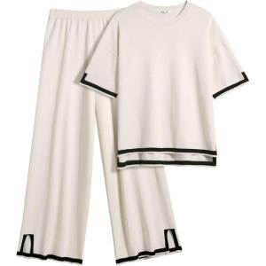 imageEkouaer Lounge Set for Women Travel Outfits 2 Piece Sets Short Sleeve Sweater Top Wide Leg Long Pants LoungewearApricot