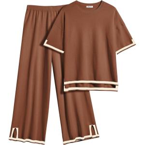 imageEkouaer Lounge Set for Women Travel Outfits 2 Piece Sets Short Sleeve Sweater Top Wide Leg Long Pants LoungewearCaramel
