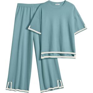 imageEkouaer Lounge Set for Women Travel Outfits 2 Piece Sets Short Sleeve Sweater Top Wide Leg Long Pants LoungewearDark Peacock Blue