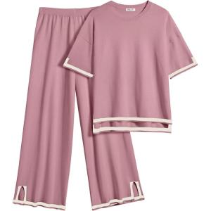 imageEkouaer Lounge Set for Women Travel Outfits 2 Piece Sets Short Sleeve Sweater Top Wide Leg Long Pants LoungewearDark Pink