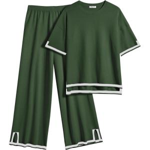imageEkouaer Lounge Set for Women Travel Outfits 2 Piece Sets Short Sleeve Sweater Top Wide Leg Long Pants LoungewearGreen