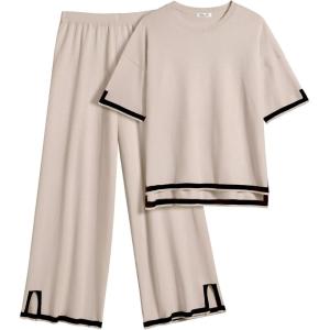 imageEkouaer Lounge Set for Women Travel Outfits 2 Piece Sets Short Sleeve Sweater Top Wide Leg Long Pants LoungewearMoon Gray