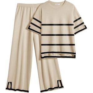 imageEkouaer Lounge Set for Women Travel Outfits 2 Piece Sets Short Sleeve Sweater Top Wide Leg Long Pants LoungewearStripe