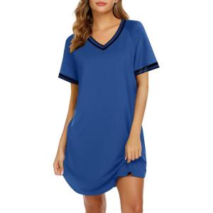 imageEkouaer Nightgowns for Women Short Sleeve Sleep Shirt V Neck Night Gown Ribbed Night Shirts Sleepwear SXXXLBlue