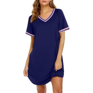 imageEkouaer Nightgowns for Women Short Sleeve Sleep Shirt V Neck Night Gown Ribbed Night Shirts Sleepwear SXXXLBlue2