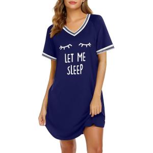 imageEkouaer Nightgowns for Women Short Sleeve Sleep Shirt V Neck Night Gown Ribbed Night Shirts Sleepwear SXXXLDark Blue