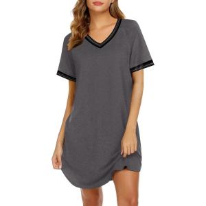 imageEkouaer Nightgowns for Women Short Sleeve Sleep Shirt V Neck Night Gown Ribbed Night Shirts Sleepwear SXXXLDark Grey2