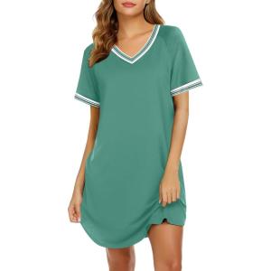 imageEkouaer Nightgowns for Women Short Sleeve Sleep Shirt V Neck Night Gown Ribbed Night Shirts Sleepwear SXXXLGreen