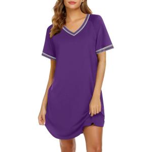 imageEkouaer Nightgowns for Women Short Sleeve Sleep Shirt V Neck Night Gown Ribbed Night Shirts Sleepwear SXXXLPurple