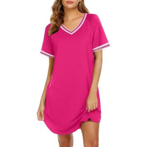 imageEkouaer Nightgowns for Women Short Sleeve Sleep Shirt V Neck Night Gown Ribbed Night Shirts Sleepwear SXXXLRose Red