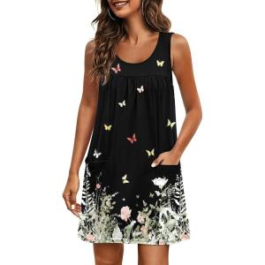 imageEkouaer Nightgowns for Women Tank Sleep Shirts Sleeveless Sleep Dress with Pockets Wide Strap NightshirtsBlack Butterfly