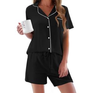 imageEkouaer Pajamas Set for Women Short Sleeve Sleepwear Button Down Pjs Soft 2 Piece Lounge SetsBlack
