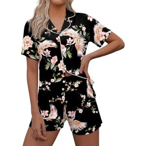 imageEkouaer Pajamas Set for Women Short Sleeve Sleepwear Button Down Pjs Soft 2 Piece Lounge SetsBlack Floral