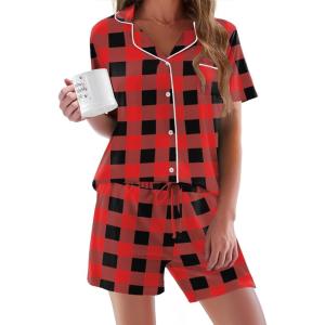 imageEkouaer Pajamas Set for Women Short Sleeve Sleepwear Button Down Pjs Soft 2 Piece Lounge SetsBlack and Red Plaid