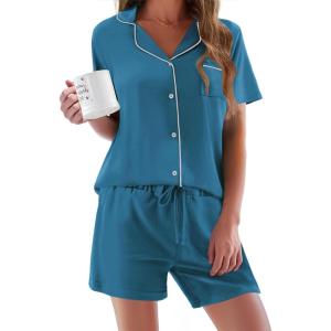 imageEkouaer Pajamas Set for Women Short Sleeve Sleepwear Button Down Pjs Soft 2 Piece Lounge SetsBlue Green