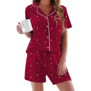 imageEkouaer Pajamas Set for Women Short Sleeve Sleepwear Button Down Pjs Soft 2 Piece Lounge SetsChristmas Tree