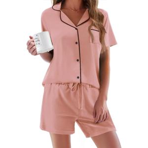 imageEkouaer Pajamas Set for Women Short Sleeve Sleepwear Button Down Pjs Soft 2 Piece Lounge SetsDark Pink