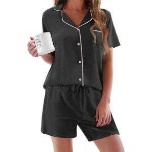 imageEkouaer Pajamas Set for Women Short Sleeve Sleepwear Button Down Pjs Soft 2 Piece Lounge SetsDeep Flower Gray