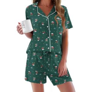 imageEkouaer Pajamas Set for Women Short Sleeve Sleepwear Button Down Pjs Soft 2 Piece Lounge SetsGreen Christmas Deer