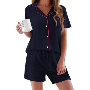 imageEkouaer Pajamas Set for Women Short Sleeve Sleepwear Button Down Pjs Soft 2 Piece Lounge SetsNavy Blue