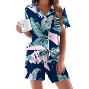 imageEkouaer Pajamas Set for Women Short Sleeve Sleepwear Button Down Pjs Soft 2 Piece Lounge SetsNavy Leaves