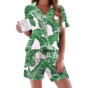 imageEkouaer Pajamas Set for Women Short Sleeve Sleepwear Button Down Pjs Soft 2 Piece Lounge SetsPink Leaves